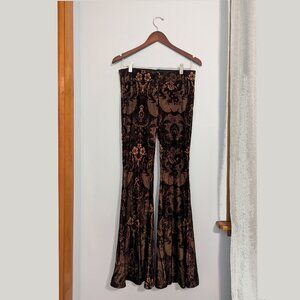 Free People Printed Velvet Pull-On Flare Pants - Brown/Black - Size S